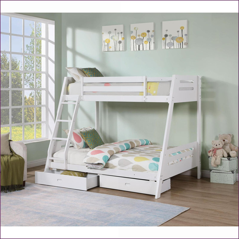 Lit superposé simple au dessus d'un lit double en bois massif avec échelle réversible et amp; 2 tiroirs sous le lit à finition blanche pour la deuxième chambre
