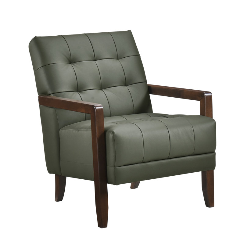 Fauteuil contemporain en cuir avec détails et pieds d'appoint en noyer, Vert