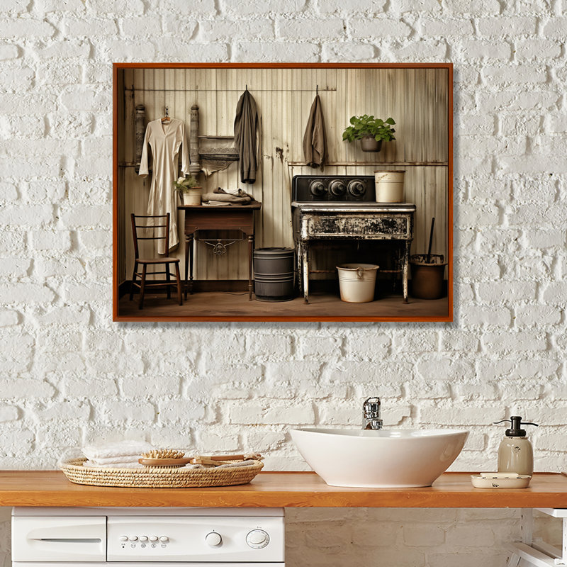 «Farmhouse Laundry Charm III», art mural, H 30 po x l 40 po x P 1,5 po, Cadre flottant brun