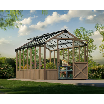 Palram - Canopia Natura 8' W x 17' D Walk-In Hobby Polycarbonate Cedar Wood Frame Greenhouse Kit with Roof Vents - Brown