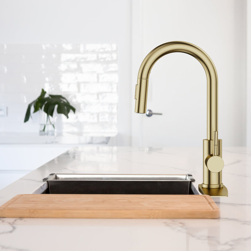 Robinet de cuisine rétractable à poignée simple avec plaque de pont, poignées et conduites d'alimentation, Or brossé
