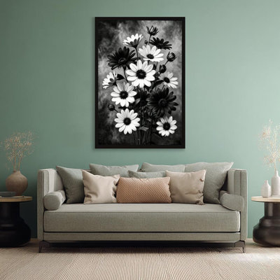 Monochrome Daisy Flower Black Floater Framed Canvas Wall Art Minimalist Botanical 36" H x 24" W Daisy Decor for Living Room
