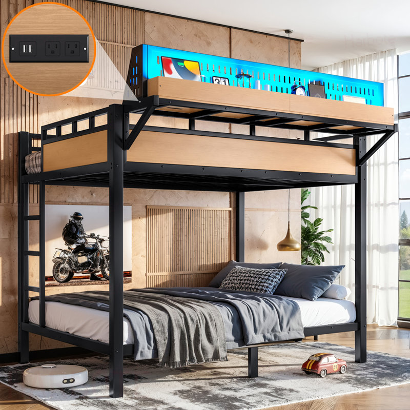 Lit superposé double au-dessus de double avec tablettes de rangement et panneau perforé, cadre de lit superposé avec ports USB et lumières DEL, peu encombrant