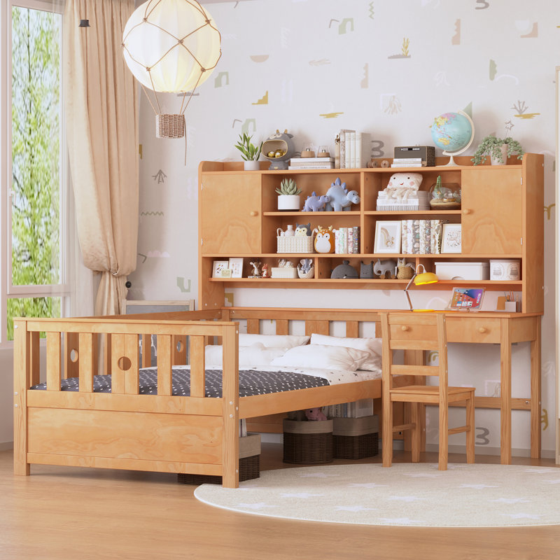 Lit plateforme simple avec attrait naturel, bureau intégré, bibliothèque et chaise de bureau en bois, Naturel