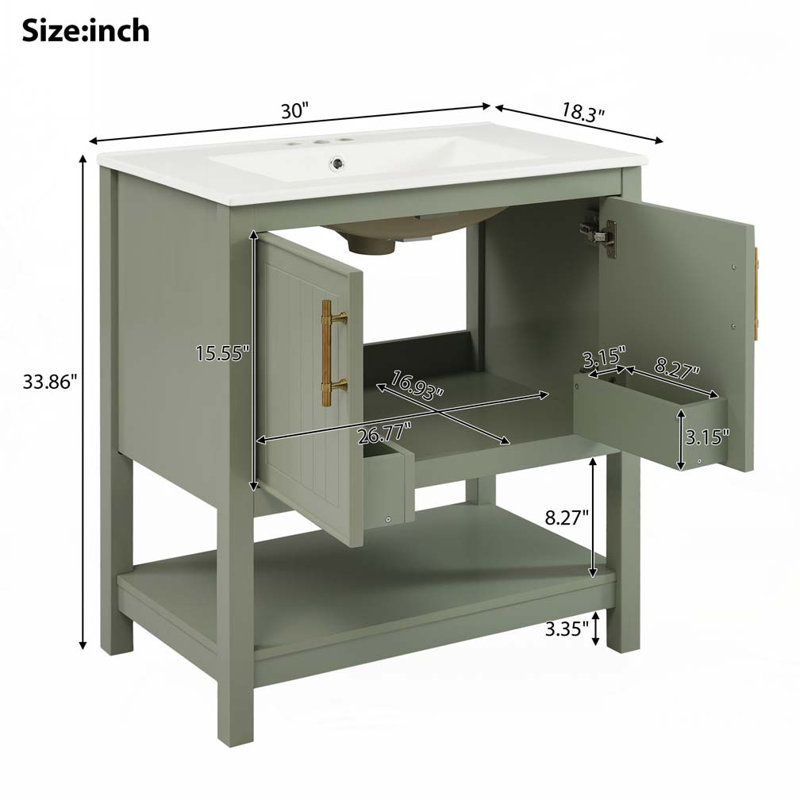 Meuble-lavabo avec lavabo en céramique, 2 portes et tablette, Vert