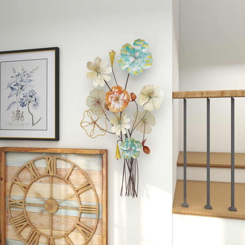 Metal Bouquet Floral Multi Colored Wall Decor with Mesh and Wire Details