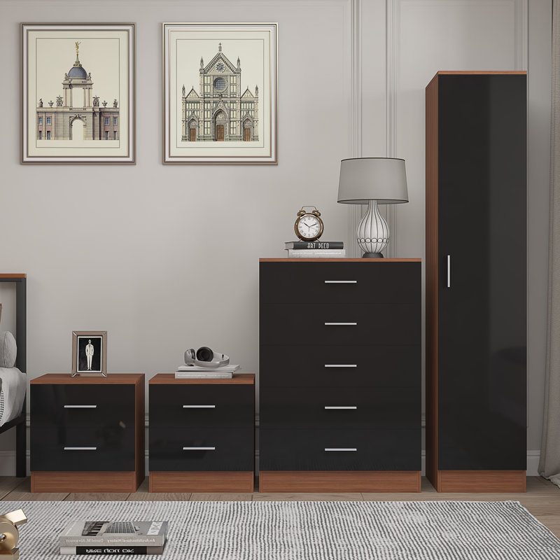 Eva Piece Bedroom Set, Black Gloss / Walnut
