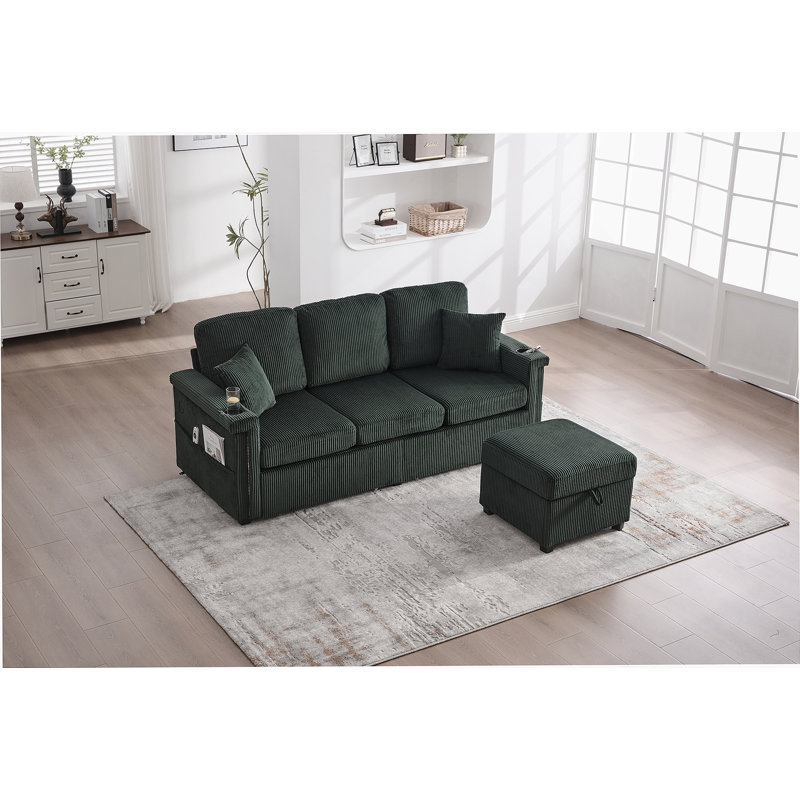 L-Shaped Sectional Sofa With Pull-Out Storage, Ottoman, Pillows, USB Charging, Cup Holder And Convertible Design For Living Room And Apartment