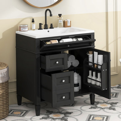 Ensemble de meuble-lavabo autoportant 30 po avec lavabo supérieur, meuble-lavabo moderne avec 2 tiroirs et tiroir basculant, meuble-lavabo autoportant avec miroir et meuble-lavabo simple