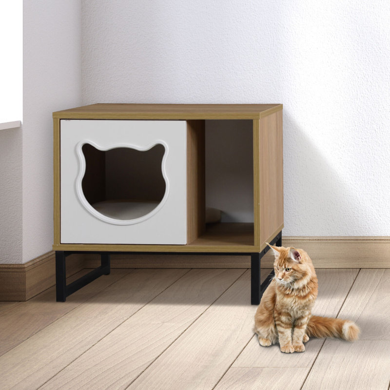 Maison d'intérieur pour chat avec lit et table d'appoint, litière cachée, blanc