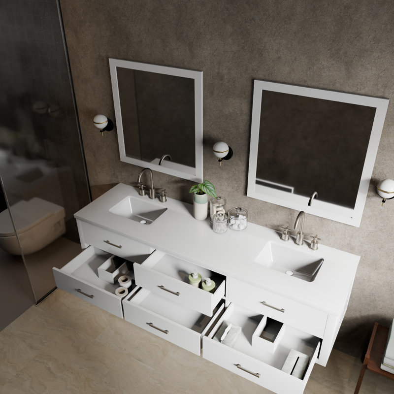 80" Wall-Mounted Double Bathroom Vanity Set, White, White Quartz