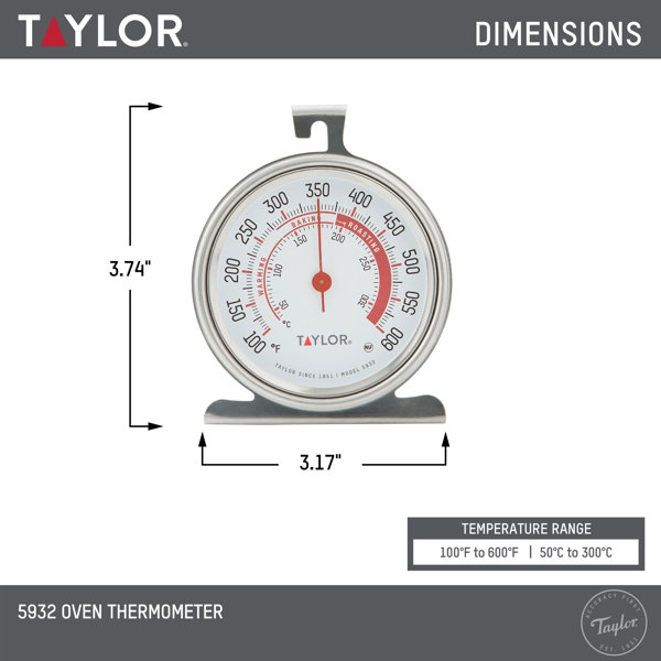 Taylor Leave-in Meat Oven Safe Compact Analog Dial Meat Food Grill BBQ  Kitchen Cooking Thermometer, 3 inch dial, Stainless Steel