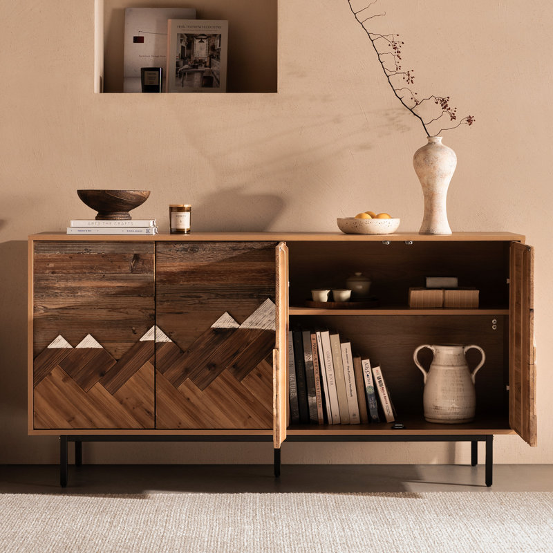 Rustic Mountain Pattern 4-Door Sideboard Buffet Cabinet with Adjustable Shelves, Wood Accent Cabinet for Living Room Entryway Dining Room