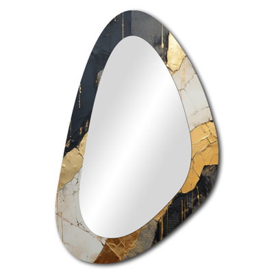 Noir or orné de poteries V - miroir décoratif asymétrique spirales abstraites, miroir mural noir de forme unique, impression d'art en métal