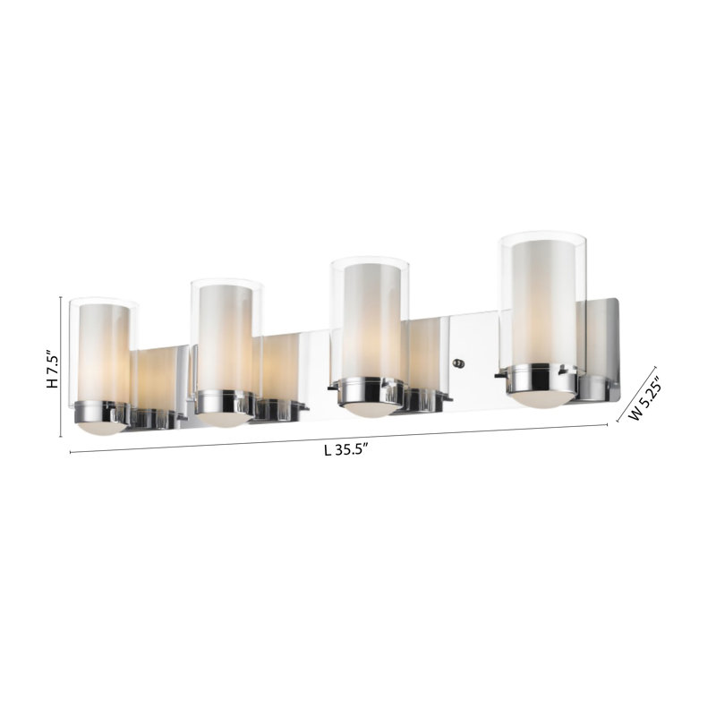 Applique murale 4 lumières en nickel satiné avec abat-jour en verre transparent, H 7,5 po x l 35,5 po x P 5,25 po, 4 lumières