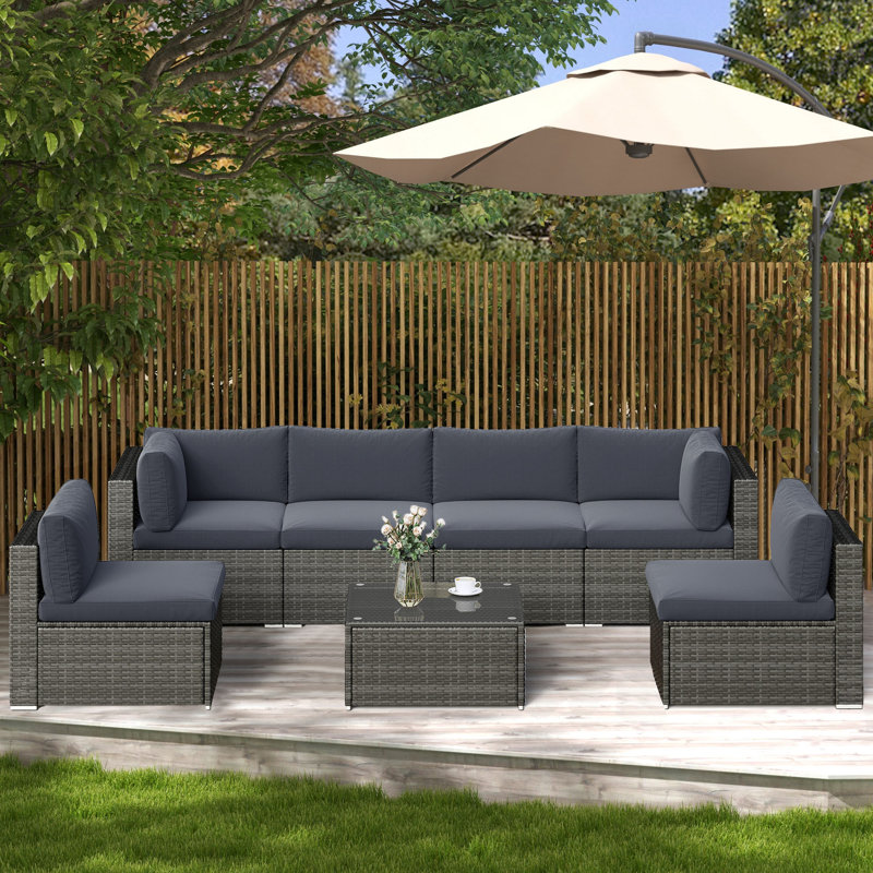 Wicker 6 - Person Modular Patio Conversation Sets with Cushions, Dark Gray Frame/Dark Gray Cushion