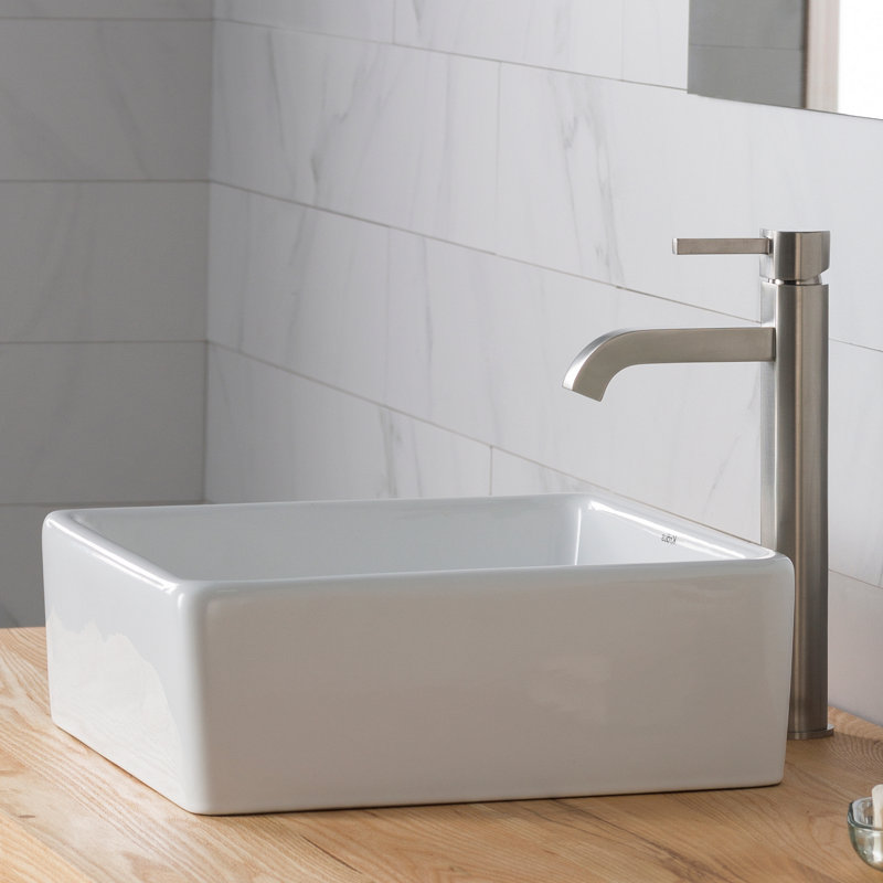Ceramic Square Vessel Bathroom Sink with Faucet, Satin Nickel