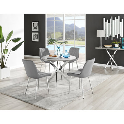 Tierra Modern Chrome Metal & Glass Round Dining Table Set with 4 Luxury Velvet Dining Chairs