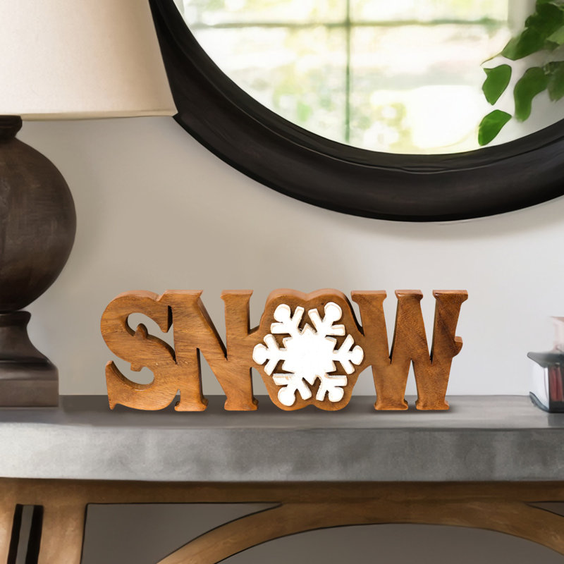 Handmade Wooden SNOW Sculpture with Snowflake Modern Solid Acacia Wood Unique Christmas Decor and Gift