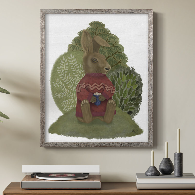 Lapin latte dans un chandail, reproduction encadrée - bois massif