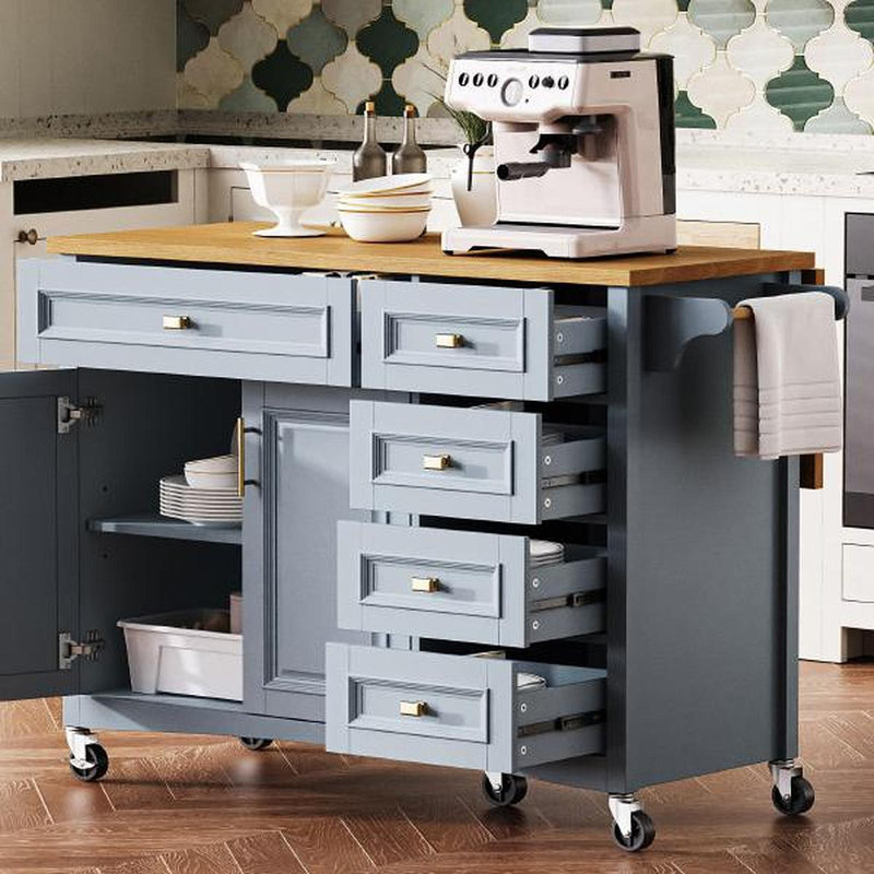 52'' Kitchen Island with Drop Leaf, Embossed Texture Kitchen Island on Wheels with Spice Rack, Towel Rack, 2 Doors and 5 Drawers, Kitchen Storage Cart with Adjustable Shelf for Kitchen, Blue Grey