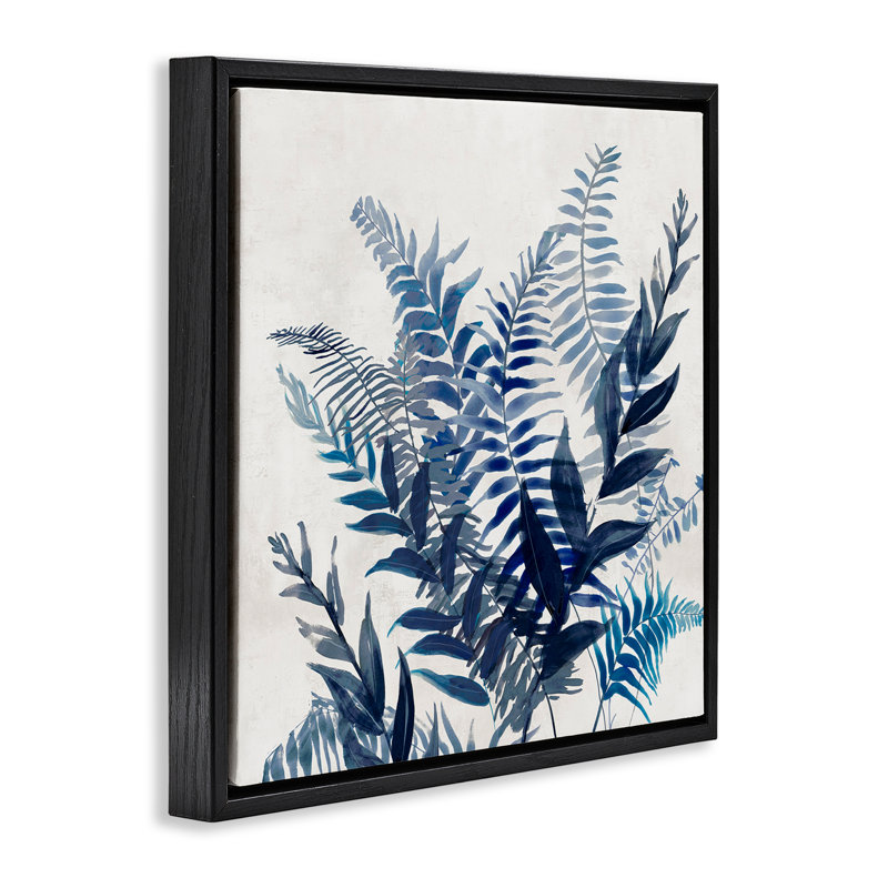 Art mural sur toile flottant gris avec fougères bleues, conception de Jacob Q, H 18 po x l 18 po, Noir