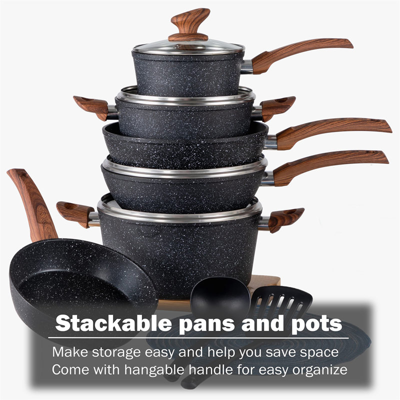 Granite Black 12-Piece Nonstick Induction Cookware Set with Wood Handles