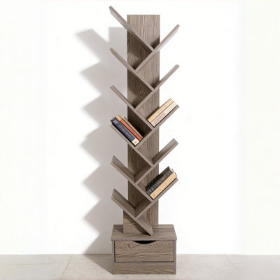 15.7" 12-tier Wooden Floor Standing Bookshelf, Morandi Grey, Slim Corner Storage Rack For Living Room Bedroom Study Office