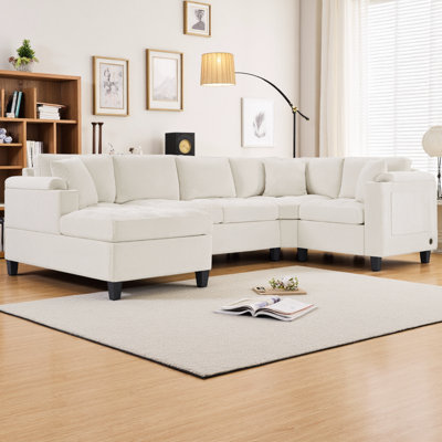 Canapé modulaire moderne en U de 115,7 po avec méridienne, ports USB intégrés, porte-gobelets et rangement, grand canapé en tissu chenille pour le divertissement en famille