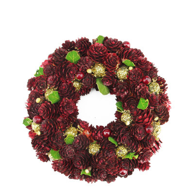 Couronne de Noël artificielle rouge et or en forme de pomme de pin non éclairée