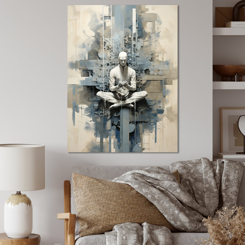 Abstrait médiation de yoga abstrait bleu et blanc sur toile, Toile tendue, 32" H x 16" W