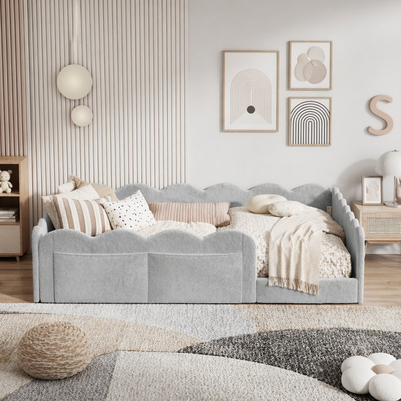 Lit de plancher rembourré, Gris clair, Lit double