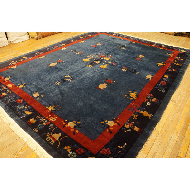Hand Knotted Wool Floral Area Rug in Blue