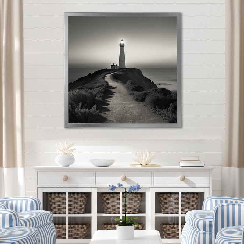 «Black and White Light House Panorama I», reproduction sur toile, Cadre simple argenté, H 24 po x l 24 po x P 1 po