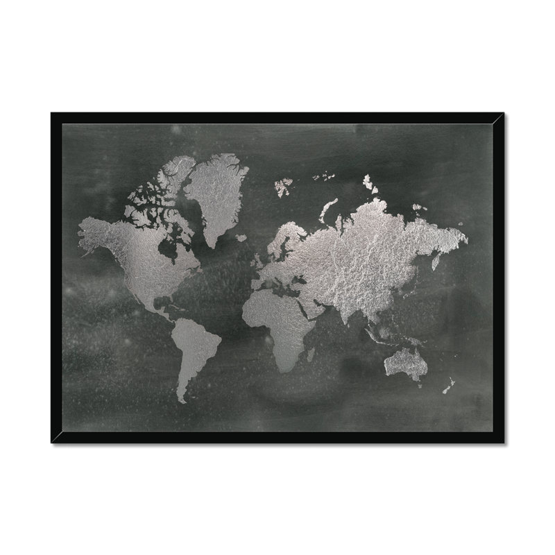 Large Silver World Map On Black Wash by Jennifer Goldberger - Painting, Black Framed Paper Print, 34cm H x 50cm W