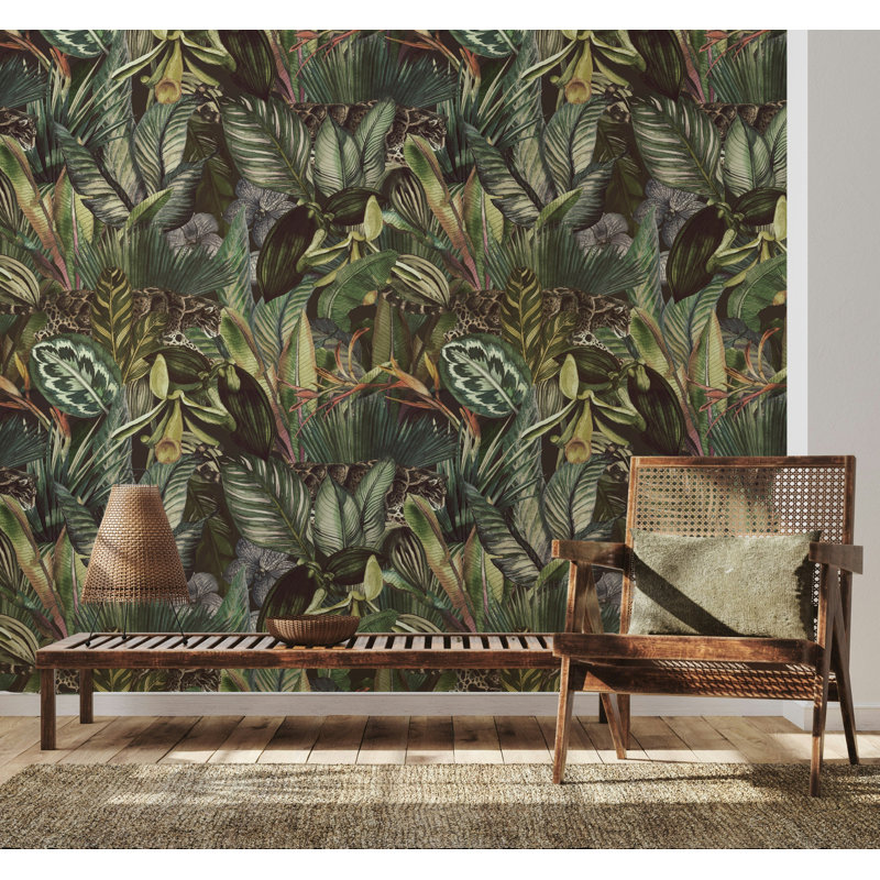 Dark Tropical Jungle Leopard Wallpaper Green Leaves, 75" L x 112" W