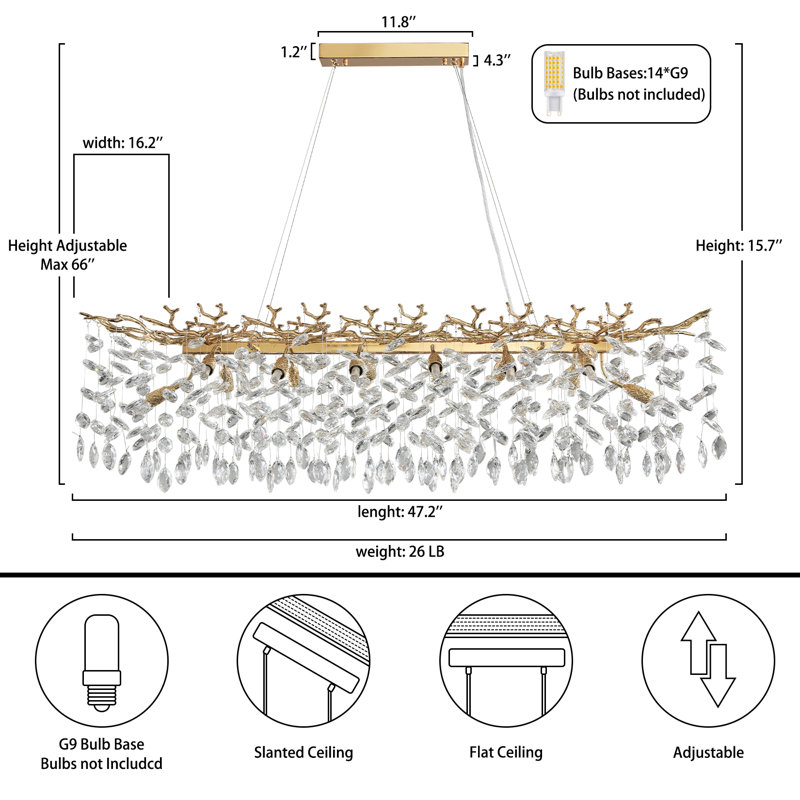 Lustre moderne en forme de goutte de cristal K9, H 16 po x l 16 po x P 47 po, Or, 14