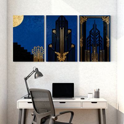 Abstrait art déco bleu et or, ensemble de 3 reproductions d'art sur toile