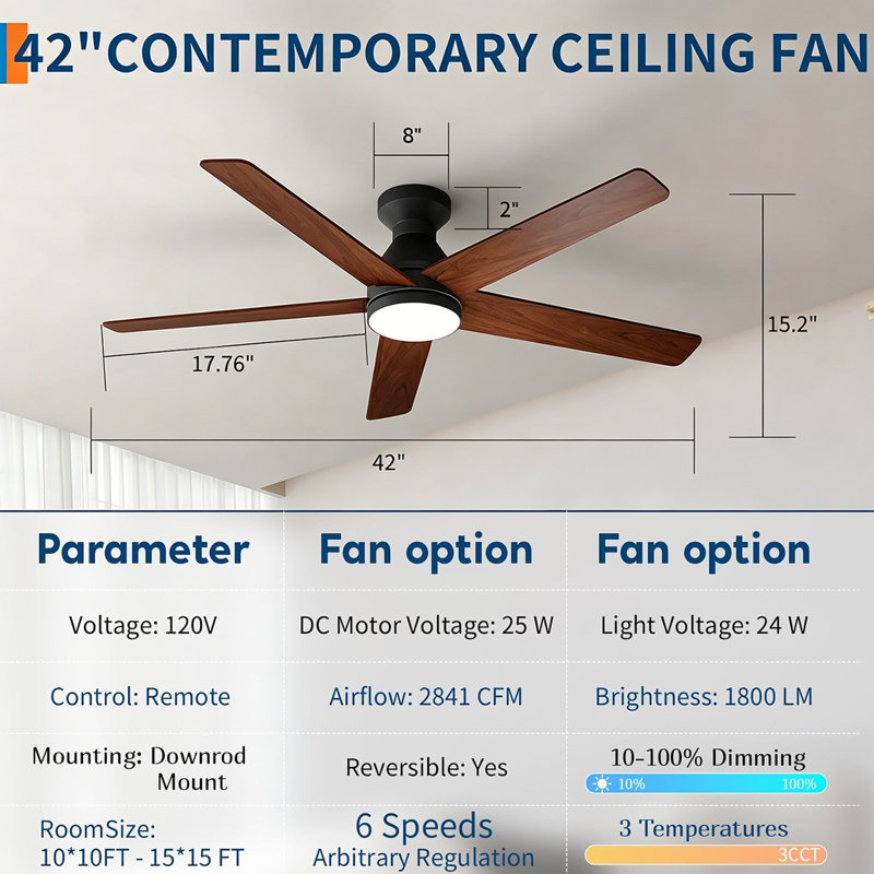Ventilateur de plafond à profil bas de 42 po avec lumière et télécommande, ventilateur à 5 pales noir avec moteur à courant continu réversible pour le salon, la chambre à coucher et le patio couvert