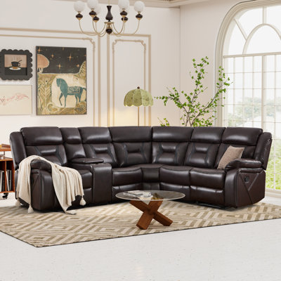 7-Piece Faux Leather Manual Reclining L-Shaped Sectional Sofa with Center Console, Cup Holders & Storage
