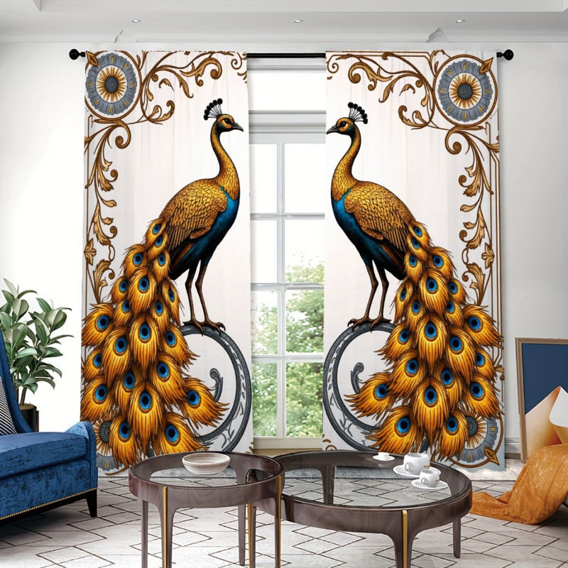 2Pcs Peacock Curtains, Gold Feathers Pattern, Light Filtering, Elegant Style, Versatile for Living Room Bedroom Dining Window Decor