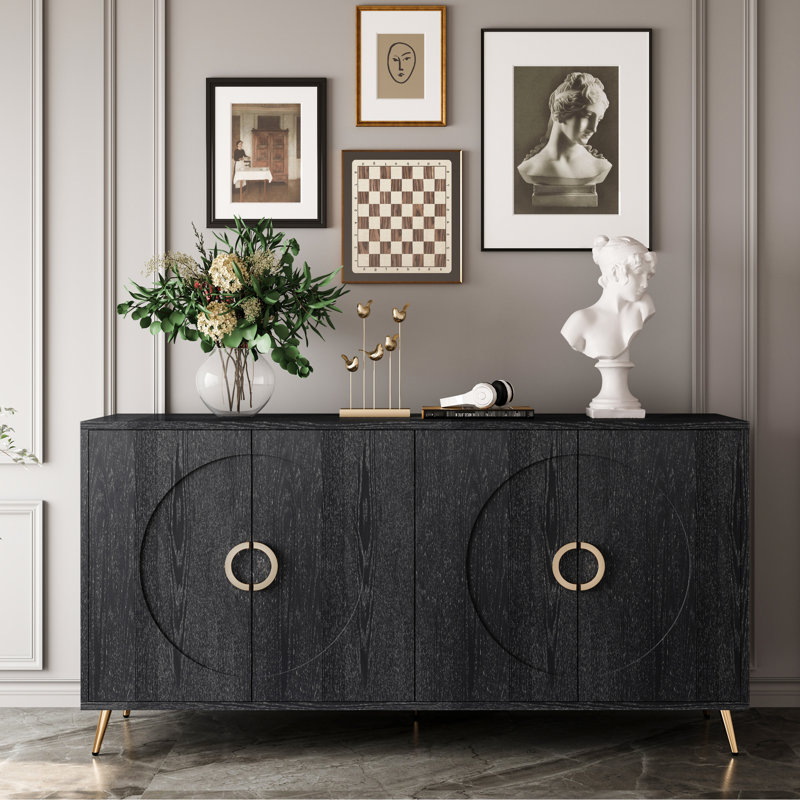Buffet à 4 portes avec rangement de style moderne et noir patiné pour le salon, le vestibule, le couloir, le bureau, la cuisine et la salle à manger
