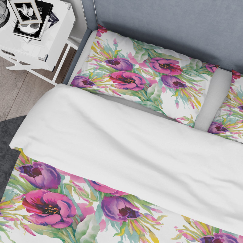 Pink/Green/White Microfiber Duvet Cover Set, King Duvet Cover + 2 King Shams