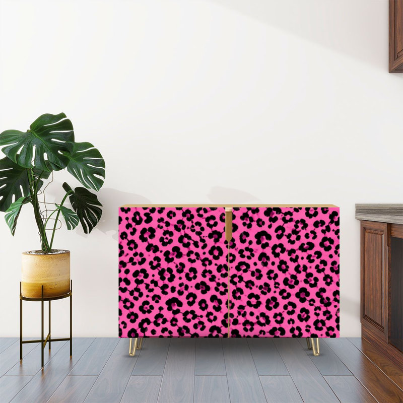 Buffet avec rangement dissimulé 2 portes à motif léopard rose à motif animal noir pour le salon, la cuisine et le bar, Color7