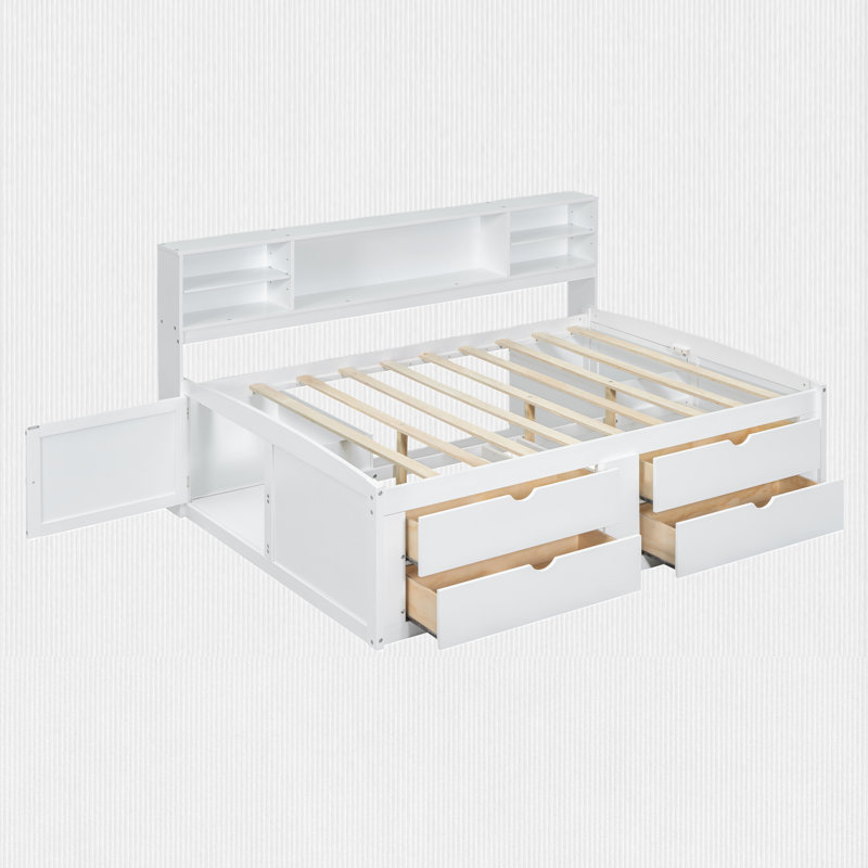 Lit double avec tiroir et tablette, Blanc