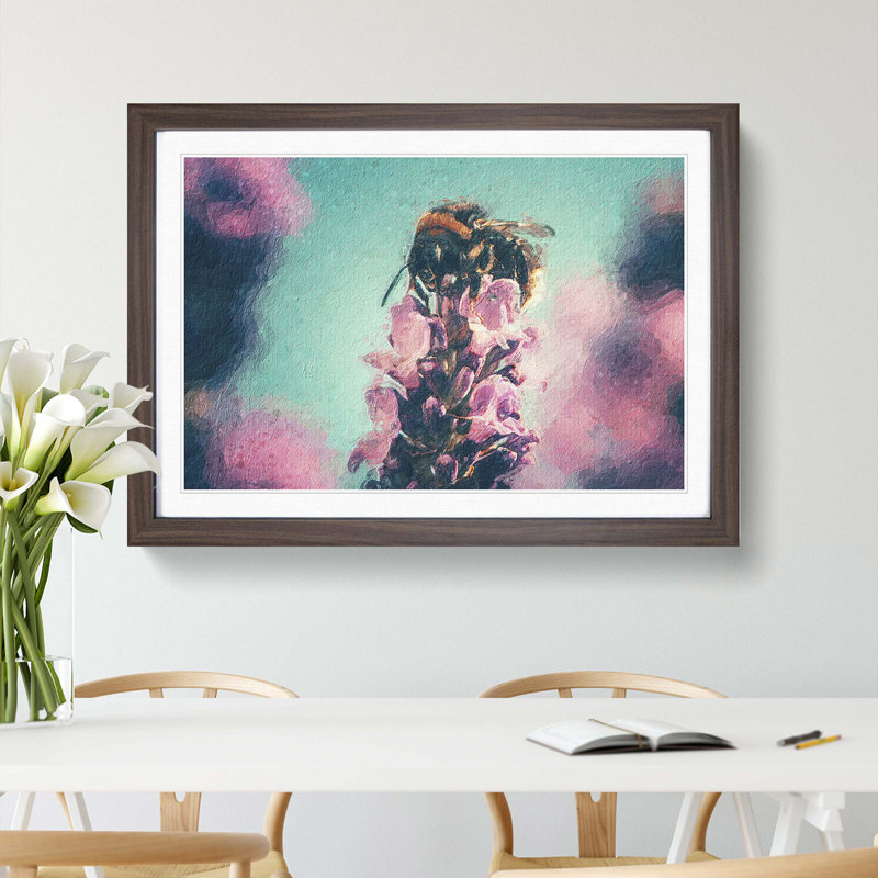Bee On A Purple Flower - Single Picture Frame Painting, 33cm H x 45cm W x 2cm D, Walnut Framed