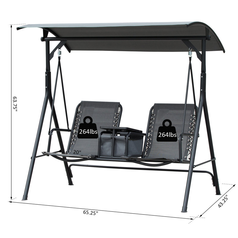 Gray 2-Person Outdoor Swing with Canopy and Storage Table