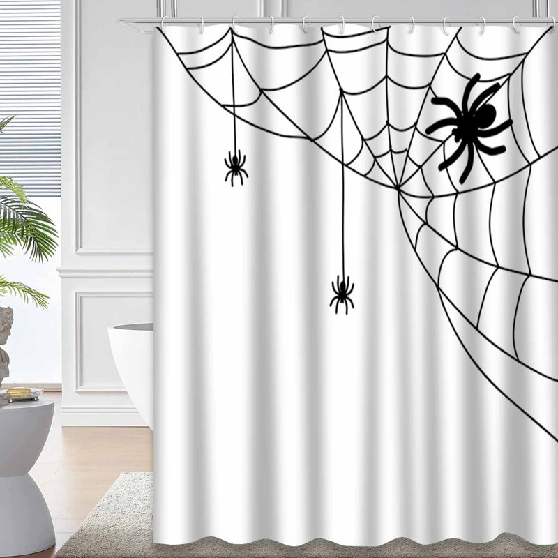 Spiderweb Spider Halloween Cartoon White Shower Curtain with 12 Hooks, 72" L x 72" W