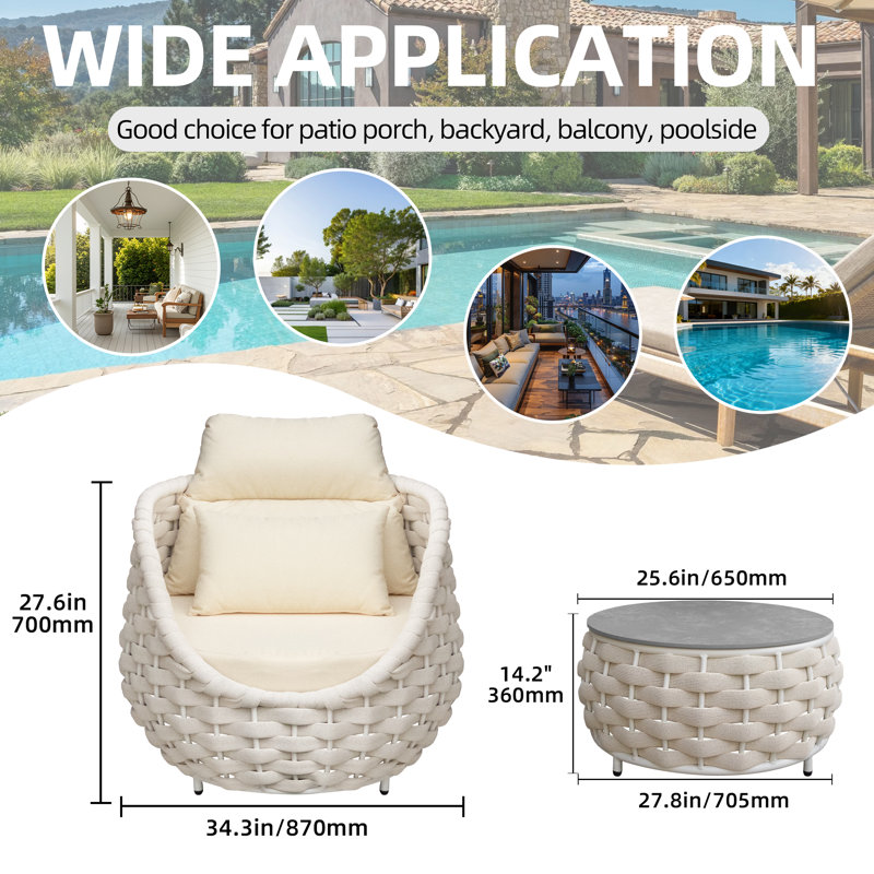 Ensemble de chaises de patio pour 3 personnes avec table basse, 4 Pcs: Table, 3 Chairs