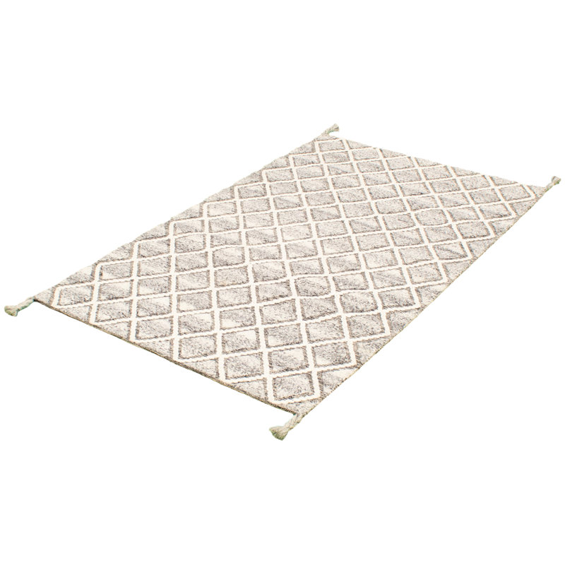 Tapis unique en laine noué à la main de style Indo marocain crème et gris nouvel âge 4 pi 11 po x 8 pi 2 po Grogan